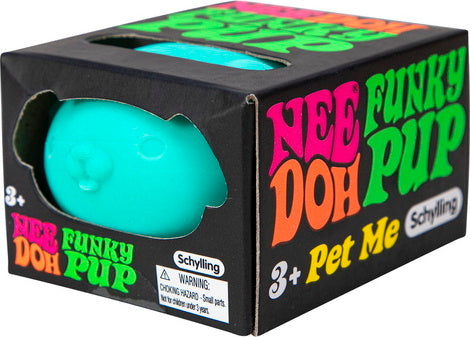 The NeeDoh Funky Pup by Schylling is a vibrant turquoise fidget toy designed to relieve stress and bring joy. The playful pup features a cute, rounded shape and a friendly expression and comes in a colorful packaging adorned with the bright letters 'Nee Doh Funky Pup'. Suitable for ages 3 and up, it's perfect for both kids and adults.