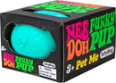 The NeeDoh Funky Pup by Schylling is a vibrant turquoise fidget toy designed to relieve stress and bring joy. The playful pup features a cute, rounded shape and a friendly expression and comes in a colorful packaging adorned with the bright letters 'Nee Doh Funky Pup'. Suitable for ages 3 and up, it's perfect for both kids and adults.