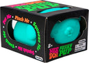 The NeeDoh Funky Pup in a vibrant turquoise color, packaged in a colorful box with playful text that encourages interaction. The box features phrases like 'Pet Me', 'Pinch Me', 'Squeeze Me', and 'Touch Me', inviting users to explore the sensory experience of this stress-relief toy. Designed for ages 3 and up, it is an engaging, fun fidget item perfect for all ages.