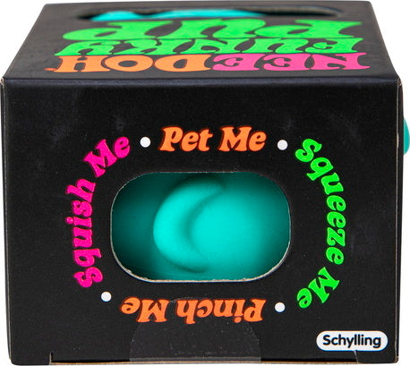 NeeDoh Funky Pup by Schylling is a delightful, squishy fidget toy featuring vibrant colors. The cube-shaped packaging invites tactile engagement with prompts like 'Pet Me,' 'Squeeze Me,' and 'Pinch Me,' enhancing sensory play and stress relief.