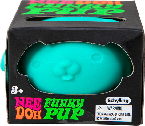 NeeDoh Funky Pup by Schylling, a soft and squishy stress-relief toy shaped like a cute dog. It features a bright teal color and a friendly face, perfect for fidgeting.