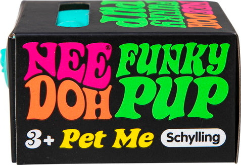 The NeeDoh Funky Pup by Schylling is a colorful, squishy fidget toy designed to provide stress relief. The packaging is vibrant with bright lettering, featuring the words 'NeeDoh Funky Pup' in pink, green, and orange. Ideal for ages 3 and up, this fun, squeezable toy is perfect for sensory play.