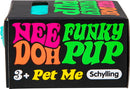 The NeeDoh Funky Pup by Schylling is a colorful, squishy fidget toy designed to provide stress relief. The packaging is vibrant with bright lettering, featuring the words 'NeeDoh Funky Pup' in pink, green, and orange. Ideal for ages 3 and up, this fun, squeezable toy is perfect for sensory play.