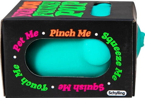The NeeDoh Funky Pup by Schylling is a colorful fidget toy designed for sensory play. It features a bright turquoise color with an interactive design that invites users to pinch, squeeze, touch, and pet it, helping to relieve stress and promote relaxation. The packaging is playful, adorned with vibrant text encouraging engagement.