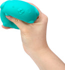 A hand holding a turquoise NeeDoh Funky Pup, a soft and squishy dog-shaped stress ball. The pup has a cute face, and its smooth texture makes it perfect for stress relief and sensory play.
