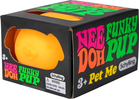 NeeDoh Funky Pup by Schylling, a vibrant, squishy fidget toy designed for stress relief and sensory play. The packaging is colorful with playful lettering, showcasing the cute puppy design inside. Suitable for ages 3 and up.