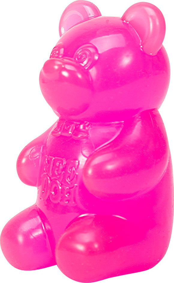 Bright pink Needoh Gummy Bear fidget toy by Schylling. The toy has a glossy finish, a cute bear shape, and text on its chest that reads 'Needoh'. Ideal for stress relief and sensory play.