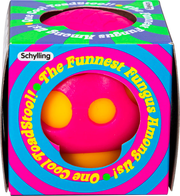 The Needoh Groovy Shroom is a colorful fidget toy shaped like a mushroom, featuring vibrant pink and yellow colors, perfect for stress relief and sensory play.