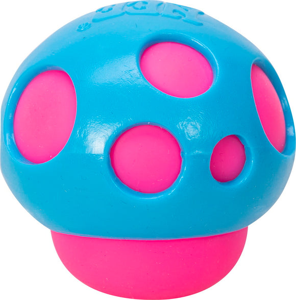 The Needoh Groovy Shroom is a playful, soft sensory toy designed in a vibrant blue and pink color scheme. It features a mushroom shape with rounded edges and several holes, making it perfect for squeezing, fidgeting, or stress relief. Ideal for both kids and adults, this fidget toy encourages tactile interaction and provides a fun sensory experience.
