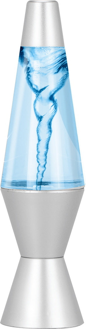 The Lava Nado Lava Labs is a striking decorative lava lamp featuring a swirling blue liquid that creates a tornado effect, set in a sleek silver base. Ideal for adding an enchanting touch to any room.