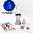 Lava Nado Lava Labs DIY kit from Schylling includes a color-changing lava lamp with red, green, and blue LED lights, a funnel, a dropper, and various decorative materials. The package also features an engaging activity guide, making it perfect for hands-on science experiments for ages 8 and up.