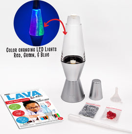Lava Nado Lava Labs DIY kit from Schylling includes a color-changing lava lamp with red, green, and blue LED lights, a funnel, a dropper, and various decorative materials. The package also features an engaging activity guide, making it perfect for hands-on science experiments for ages 8 and up.