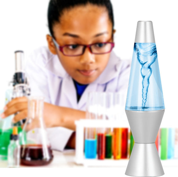 The Lava Nado Lava Labs is an interactive DIY kit that creates a mesmerizing lava lamp effect, featuring colorful swirling liquids amidst a scientific backdrop. A young girl in a lab coat observes the process, highlighting the fun of learning through experimentation.