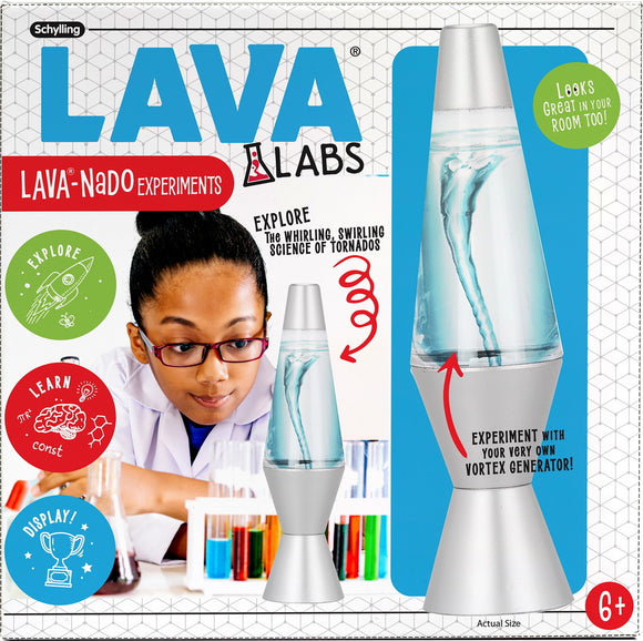 The Lava Nado Lava Labs DIY kit by Schylling features a child in a lab coat and glasses experimenting with a vortex generator, demonstrating the swirling science of tornadoes. Colorful lab equipment is visible in the background, emphasizing exploration and learning for ages 6 and up.