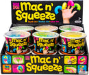 A colorful display of Needoh Mac 'N Squeeze from Schylling, featuring multiple tubs of squishy, stretchy toys in various bright colors, designed for fun and relaxation. A hand is shown wearing colorful finger toys, emphasizing their playful nature.