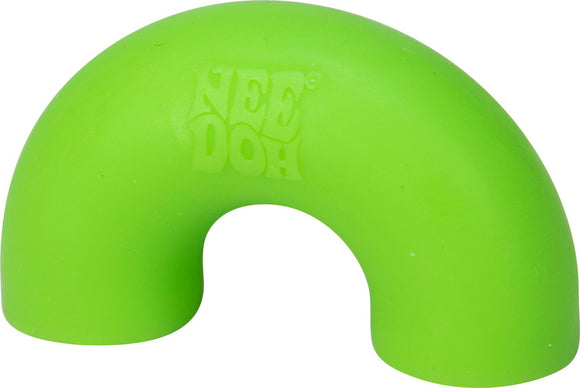 A bright green Needoh Mac 'N Squeeze fidget toy, shaped like a macaroni noodle, designed for stress relief and sensory play. The toy is smooth and soft to the touch, featuring the "NEEDOH" logo embossed on the surface.