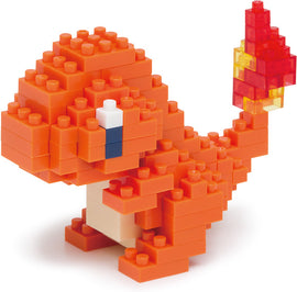 A vibrant Nanoblock DIY kit featuring a small, intricately designed model of Charmander, the fire-type Pokémon. The model is predominantly orange with a yellow and red flame on its tail, showcasing detailed block construction.