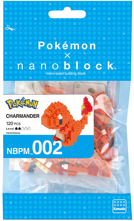 Nanoblock Charmander DIY kit featuring 120 micro-sized building blocks. The packaging showcases a colorful illustration of Charmander, a popular Pokémon character. Ideal for builders of all ages, the set encourages creativity and fine motor skills.