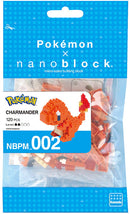 Nanoblock Charmander DIY kit featuring 120 micro-sized building blocks. The packaging showcases a colorful illustration of Charmander, a popular Pokémon character. Ideal for builders of all ages, the set encourages creativity and fine motor skills.