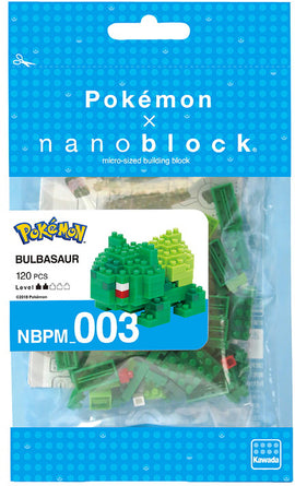 Nanoblock DIY kit featuring Bulbasaur from Pokémon. The kit contains 120 micro-sized building blocks to assemble a detailed miniature version of Bulbasaur. The packaging showcases an image of the completed model along with a colorful design.