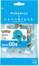 Nanoblock DIY kit featuring Squirtle, a Pokemon character. The kit includes 120 micro-sized building blocks in various colors, packaged in a blue bag with detailed branding. Ideal for fans and collectors.