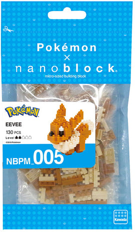 Nanoblock Eevee DIY kit featuring 130 micro-sized building blocks. Ideal for Pokémon fans, this colorful kit allows you to create a detailed Eevee figure, perfect for display or play.