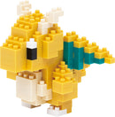 A detailed view of a Nanoblock Dragonite DIY kit, featuring a colorful assemble model resembling a dragon with a yellow body, turquoise wings, and white accents. Ideal for building enthusiasts and fans of intricate designs.