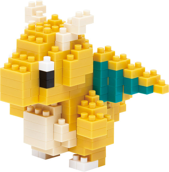 A detailed view of a Nanoblock Dragonite DIY kit, featuring a colorful assemble model resembling a dragon with a yellow body, turquoise wings, and white accents. Ideal for building enthusiasts and fans of intricate designs.