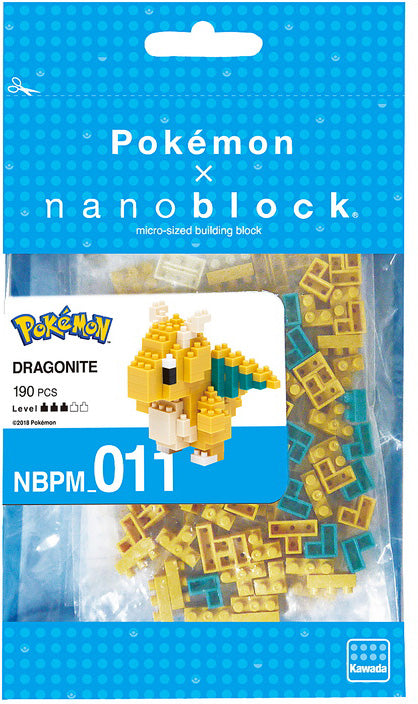 Nanoblock Dragonite DIY building kit featuring 190 micro-sized blocks in yellow and teal. Ideal for fans of Pokémon and block-building enthusiasts, this kit allows you to create a detailed model of the Dragonite character.