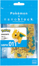 Nanoblock Dragonite DIY building kit featuring 190 micro-sized blocks in yellow and teal. Ideal for fans of Pokémon and block-building enthusiasts, this kit allows you to create a detailed model of the Dragonite character.