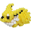 A detailed image of a Nanoblock DIY kit representing Jolteon, featuring vibrant yellow and white building blocks arranged to resemble the popular Pokémon character. The assembled structure showcases Jolteon's distinct features such as its pointed ears and fluffy fur, highlighting the intricate design and creativity involved in the building process.