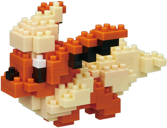 A colorful Nanoblock Flareon DIY kit displayed in a three-dimensional format. The Flareon figure features multiple shades of orange, cream, and black, showcasing intricate block placement creating a vibrant representation of the character. Perfect for building enthusiasts and fans of unique collectibles.