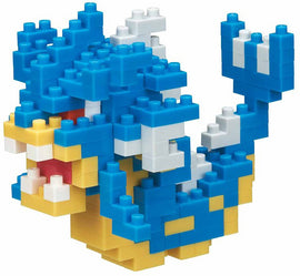 A colorful Nanoblock Gyarados model showing intricate details in blue, yellow, and red blocks. The design showcases Gyarados with its fierce facial expression and distinct fins, making it a perfect DIY kit for fans of Pokémon and building enthusiasts.