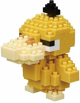 Nanoblock Psyduck DIY kit featuring a cute, miniaturized Psyduck character made from interlocking plastic blocks. The figure showcases Psyduck's distinct yellow body, simple facial features, and a small black tuft on its head, encouraging creativity and fine motor skills while building.