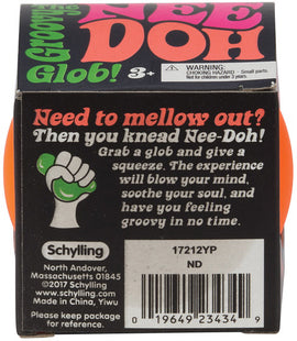 NeeDoh by Schylling Associates Inc. is a colorful, squishy fidget toy designed to help you relax and unwind. The packaging highlights its calming benefits, encouraging users to grab and knead the gooey glob for stress relief and a groovy experience. Suitable for ages 3 and up.