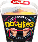 A colorful packaging of Needoh Noodies by Schylling featuring two hands grasping stretchy, squishy noodle-like toys. Bright colors and clear plastic design emphasize fun and tactile play.