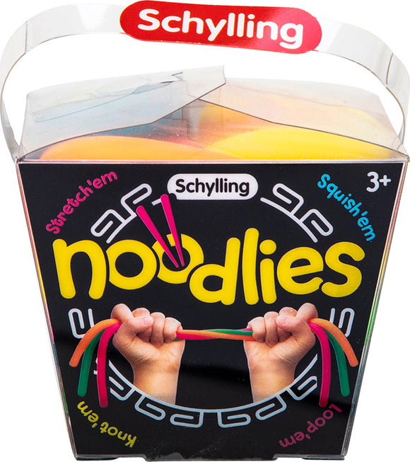A colorful packaging of Needoh Noodies by Schylling featuring two hands grasping stretchy, squishy noodle-like toys. Bright colors and clear plastic design emphasize fun and tactile play.
