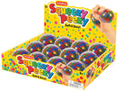 Colorful and squishy Nee Doh Squeezy Peezy balls displayed in a bright, polka-dotted box. The toy is ideal for stress relief and sensory play, encouraging tactile engagement. Each ball features vibrant beads encased in a soft, stretchy outer layer, perfect for squeezing and fidgeting.