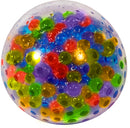 A colorful, transparent squishy ball filled with small, vibrant beads in various colors such as red, green, blue, and yellow. The ball has a smooth outer surface and appears bouncy and fun, making it an ideal fidget toy for both children and adults.