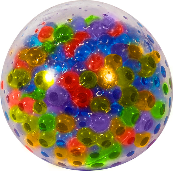 A colorful Nee Doh Squeezy Peezy stress ball by Schylling. The ball is made of a transparent material filled with vibrant colored beads in various sizes, creating a visually appealing and tactile experience. Ideal for stress relief and sensory play.