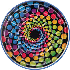 A colorful Tin BB Maze by Schylling featuring a spiral design with vibrant dots in shades of blue, pink, and yellow against a black background. The maze has a clear top with a small metal ball inside, which players must guide through the intricate pathways.