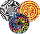 A colorful set of three Tin BB Mazes from Schylling, featuring mesmerizing spiral patterns in vibrant colors. Each maze is designed with various pathways, inviting players to navigate a small ball through the intricate routes. The mazes include a black and white spiral, a red-yellow spiral, and a colorful dot pattern, making them visually engaging and fun for users of all ages.