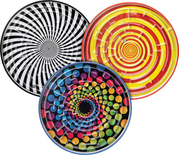 A colorful set of three Tin BB Mazes from Schylling, featuring mesmerizing spiral patterns in vibrant colors. Each maze is designed with various pathways, inviting players to navigate a small ball through the intricate routes. The mazes include a black and white spiral, a red-yellow spiral, and a colorful dot pattern, making them visually engaging and fun for users of all ages.