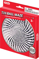 Schylling Tin BB Maze, featuring a circular design with a spiral pattern of black and white stripes. The puzzle is made of metal and includes a small ball to navigate through the maze. It's designed for ages 3 and up, promising hours of engaging fun and challenge.