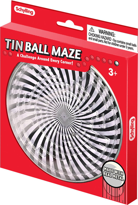 Schylling Tin BB Maze, featuring a circular design with a spiral pattern of black and white stripes. The puzzle is made of metal and includes a small ball to navigate through the maze. It's designed for ages 3 and up, promising hours of engaging fun and challenge.