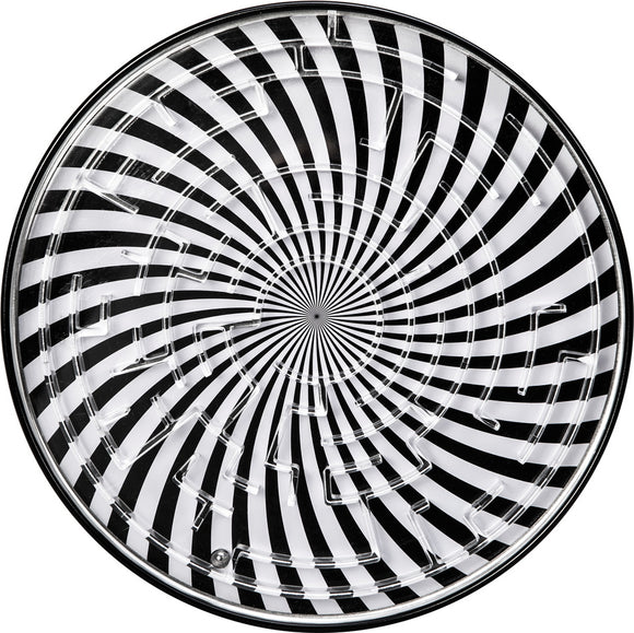 The Tin BB Maze by Schylling features a spiral design with alternating black and white stripes, creating an eye-catching optical illusion. The circular maze includes shallow pathways and a small ball that players navigate through various exits, offering a fun and challenging experience.