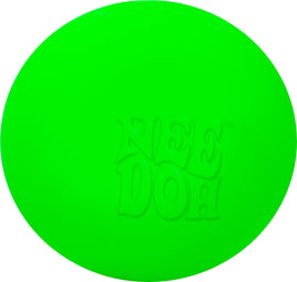 A bright green Tiny Needoh fidget toy by Schylling, featuring a smooth, oval shape with a textured logo reading 'NEE DOH' in a playful font. Ideal for stress relief and sensory play.