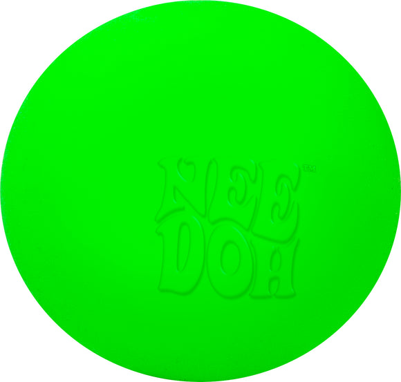A bright green Tiny Needoh fidget toy by Schylling, featuring a smooth, oval shape with a textured logo reading 'NEE DOH' in a playful font. Ideal for stress relief and sensory play.