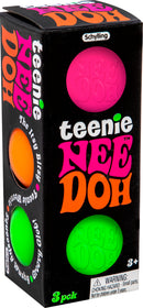 Tiny Needoh by Schylling, a colorful squishy stress relief toy pack featuring three soft, vibrant balls in pink, orange, and green. Ideal for fidgeting and sensory play for ages 3 and up.