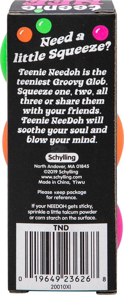 Tiny Needoh by Schylling is a colorful, squishy fidget toy perfect for stress relief. It’s compact, easy to carry, and great for sharing with friends. The packaging showcases vibrant colors and playful text, highlighting its soothing properties and multi-use appeal.